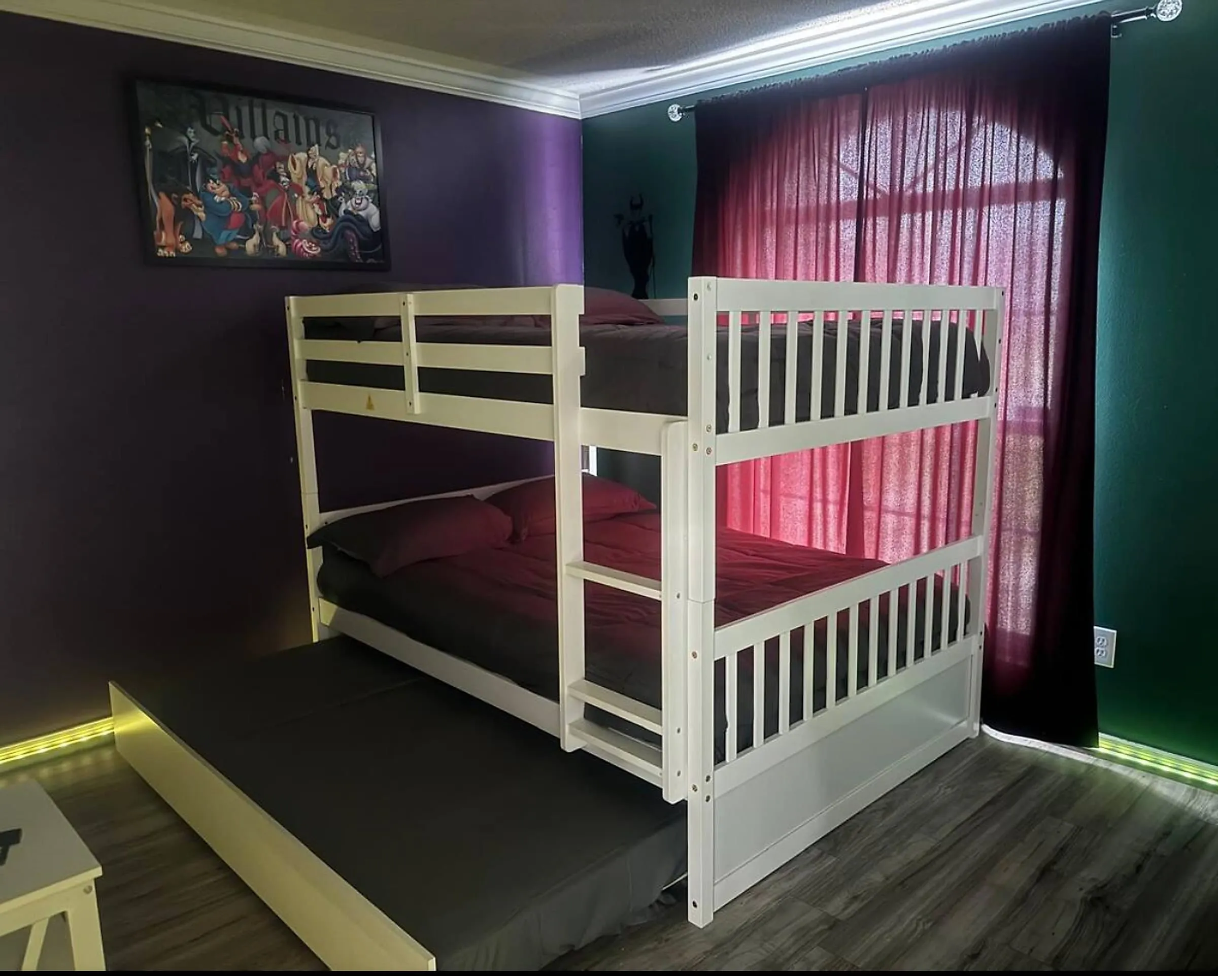 Witches bedroom with green LED accent lighting at night