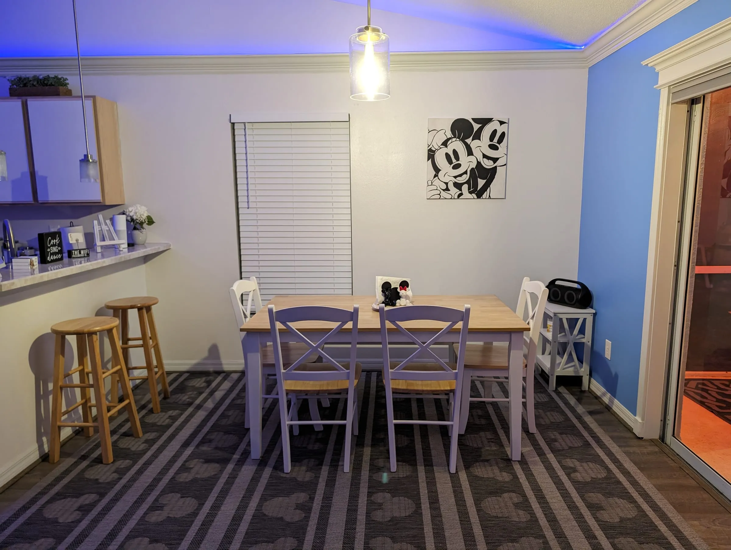 Themed dining area with long table for the whole group