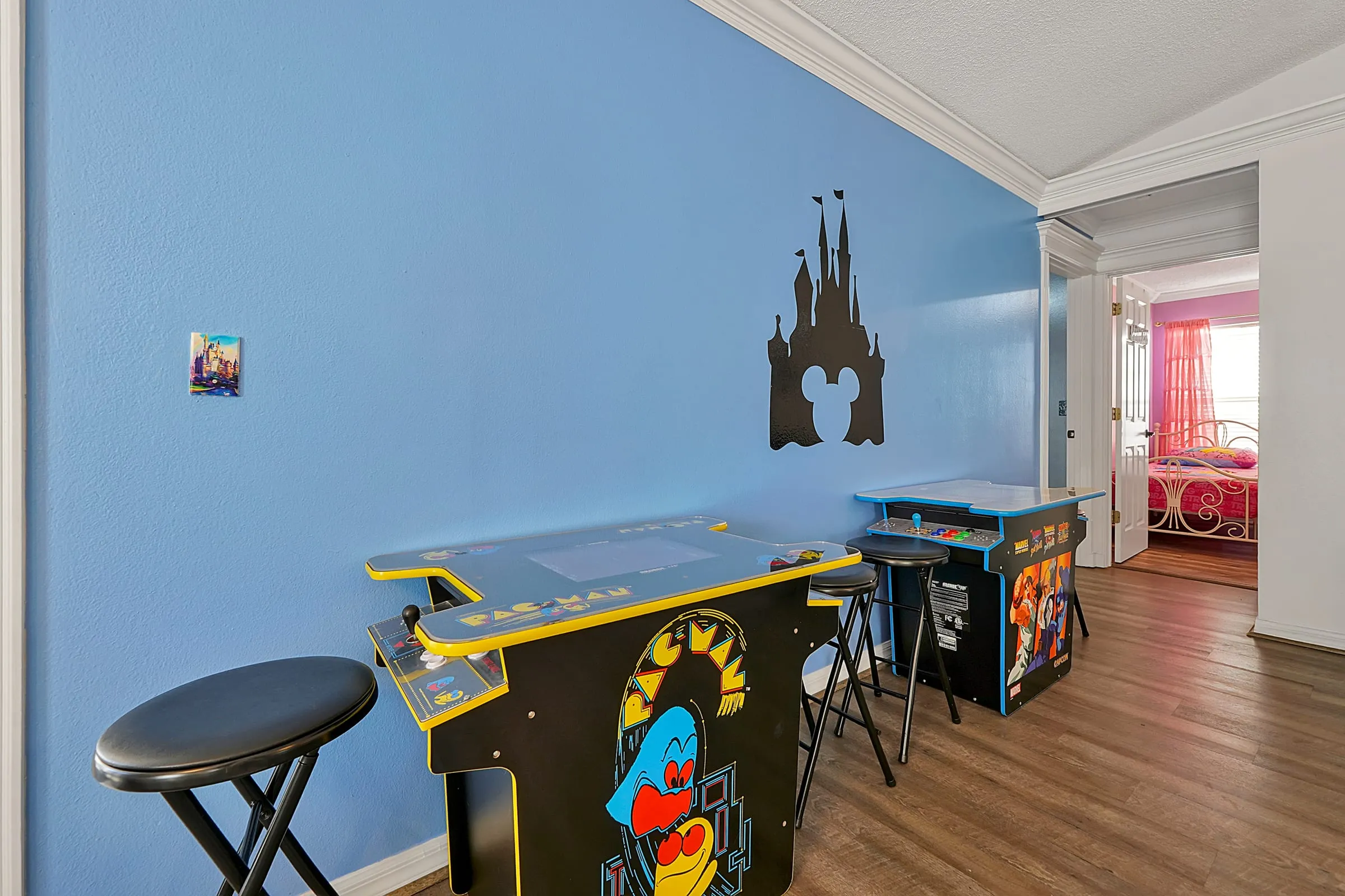 Arcade-game nook with classic upright cabinets